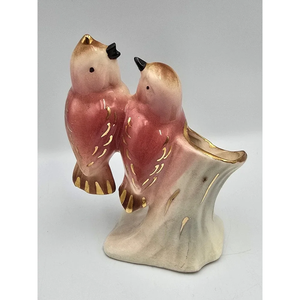 Vintage Bird Bud Vase Figurine Mauve Gold Gilt Ceramic Good Mid Century Decor‎